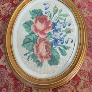 Framed Floral Needlepoint Oval Wall Art - Pink Roses & Blue Flowers Cottage core